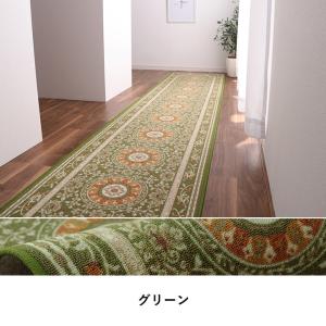 マット 廊下敷 撥水 エレガンス柄 滑りにくい グリーン 約60×180cm ロマン　　108143｜interiaititaya