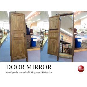 扉付きスタンドミラー　幅45cm　ドア　鏡　姿見　天然木製　収納フック付　トレー付