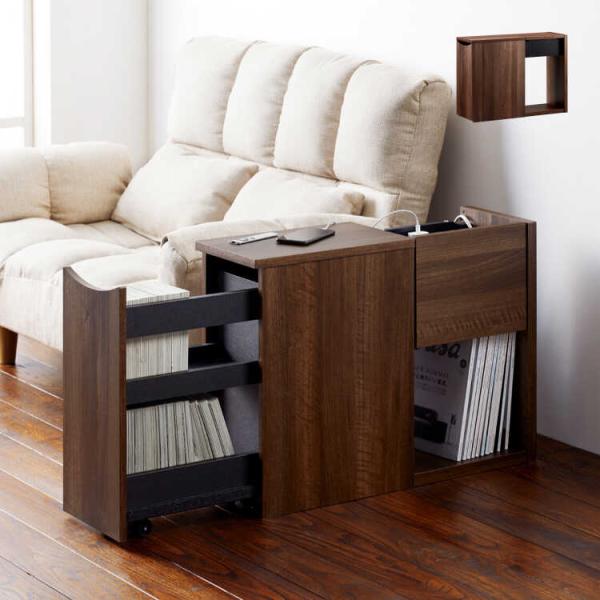 サイドテーブル 収納 スリム おしゃれ 北欧 木目調 省スペース キャスター付き ブラウン ミニテー...