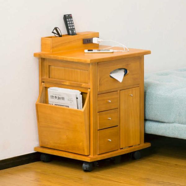 収納 ワゴン サイドテーブル キャスター付 コンセント付 引き出し 大容量 木製 天然木 シンプル ...