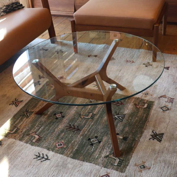 リビングテーブル 丸 ガラス おしゃれ 直径80cm 木脚 ミッドセンチュリー 北欧 センターテーブ...