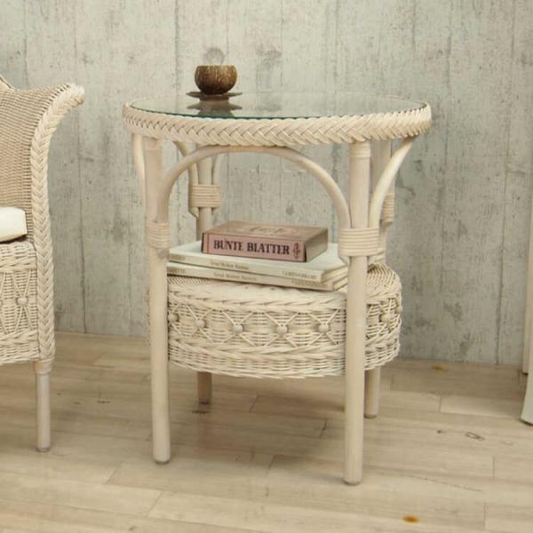 サイドテーブル 丸 ホワイト ラタン ガラス天板 完成品 おしゃれ 籐 白 かわいい ガーリー フレ...