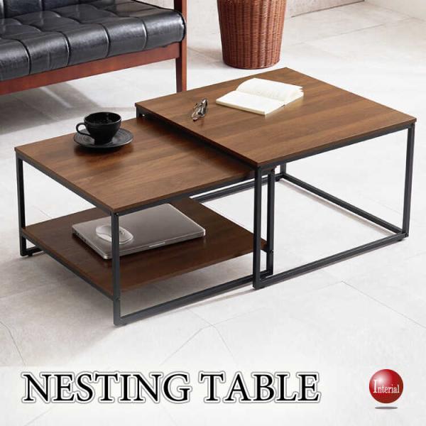 幅60cm〜113cm・ウォールナット柄ブラウンのネストテーブル キズに強いメラミン貼り 入れ子 ツ...