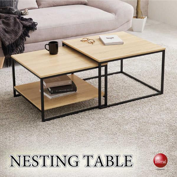 幅60cm〜113cm オーク柄ナチュラルのネストテーブル キズに強いメラミン貼り 黒ブラック脚 入...