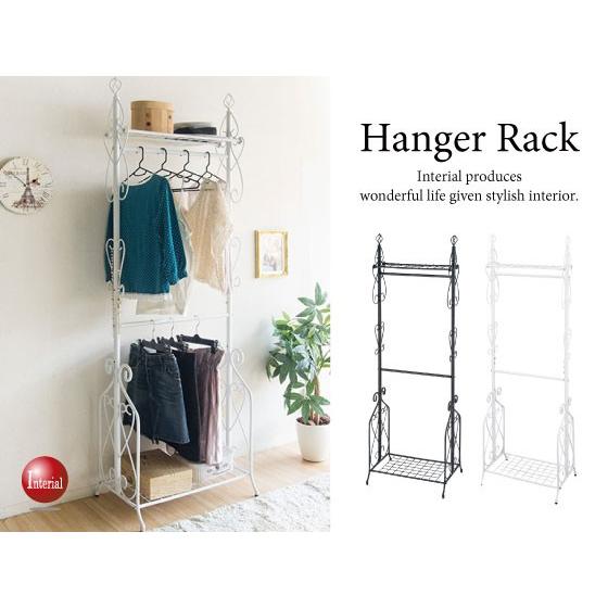 ハンガーラック 2段 ダブル 幅63cm アイアン製 欧風 ヨーロピアン 棚付 鞄置き 上下 ブラッ...