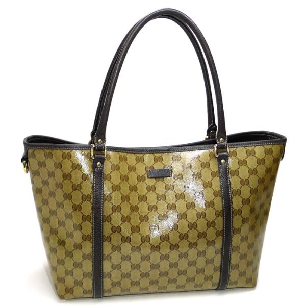 【中古】GUCCI GGクリスタル トートバッグ コーティングキャンバス レザー ベージュ ブラウン...