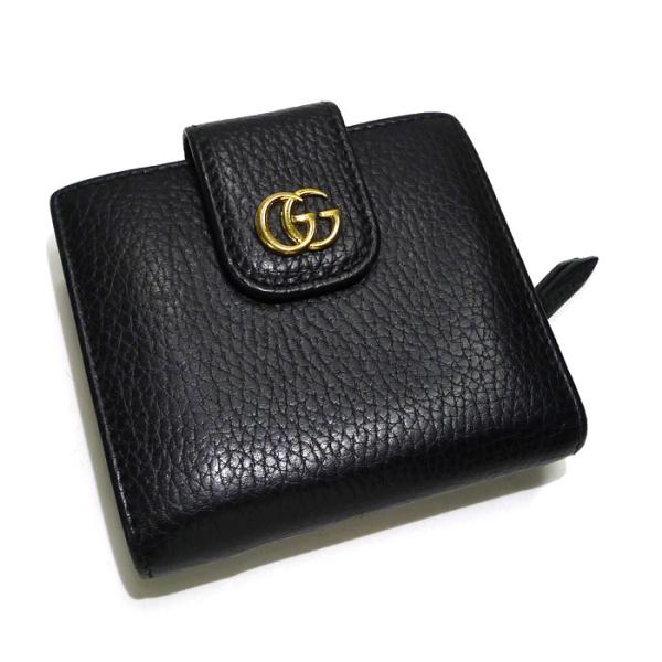 【中古】GUCCI GGマーモント 二つ折り コンパクト財布 レザー ブラック ゴールド金具 523...