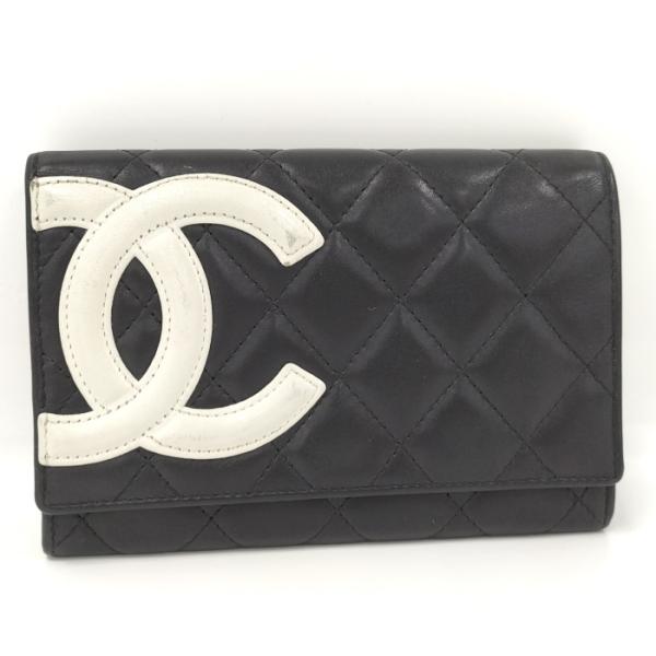 【中古】CHANEL 二つ折り財布 カンボンライン ラムスキン レザー ブラック ホワイト