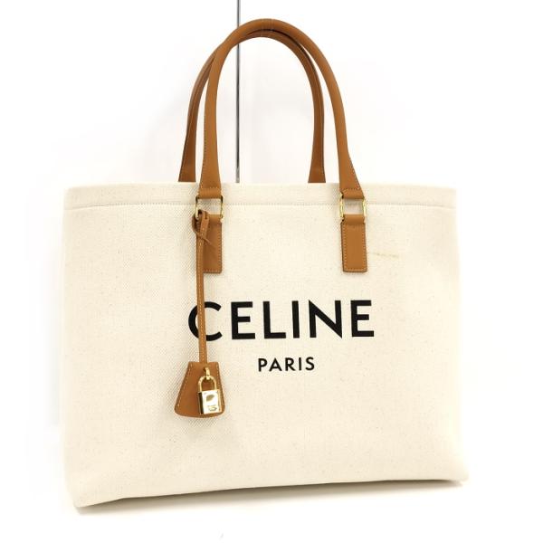 【中古】CELINE ホリゾンタル カバ トートバッグ キャンバス ホワイト 190062