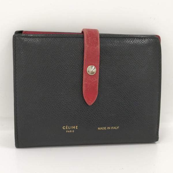 【中古】CELINE 二つ折り財布 ラージ ストラップ レザー ブラック ピンク