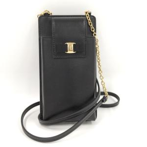 【中古】Salvatore Ferragamo ヴァラリボン スマホバッグ レザー ブラック 22-0381