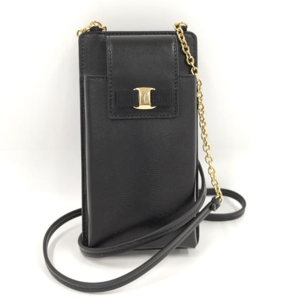 【中古】Salvatore Ferragamo ヴァラリボン スマホバッグ レザー ブラック 22-...