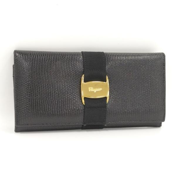 【中古】Salvatore Ferragamo 二つ折り長財布 ヴァラ レザー ブラック