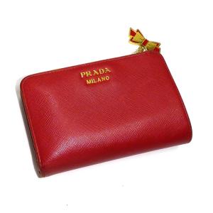 【中古】PRADA リボンチャーム 二つ折り コンパクト財布 レザー レッド 1ML225｜interior-collection