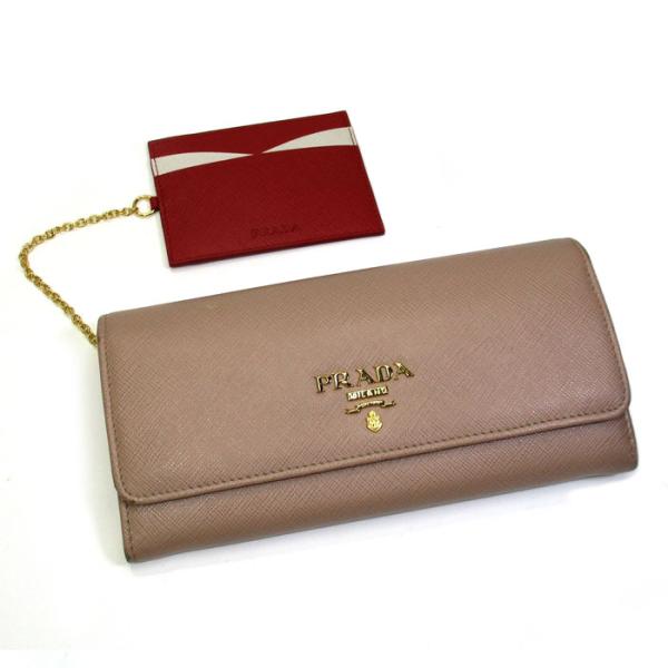 【中古】PRADA パスケース付き 二つ折り 長財布 レザー ベージュ レッド 1MH132