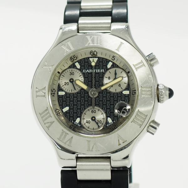 【中古】Cartier マスト21 クロノカフス メンズ 腕時計 クオーツ SS ブラック文字盤 W...