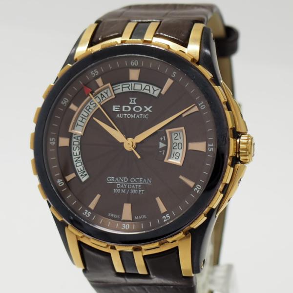 【中古】EDOX グランドオーシャン メンズ 腕時計 自動巻き SS レザー ブラウン文字盤 830...