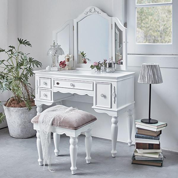 ドレッサーセット 三面鏡 スツール付 姫系 ロマンチック HAMPTON 幅93cm （ 白家具 ろ...