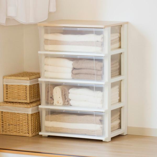 チェスト 4段 幅54×奥行40×高さ84cm コロ付き プラスチック製 木製天板 収納 引き出し ...