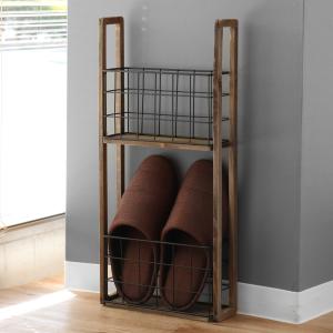 スリッパラック スリム 木製 杉 バスケット アンティーク調