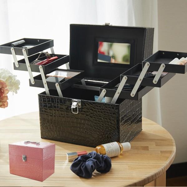 コスメボックス レザー調 トレイ付き 鏡付き メイクボックス （ コスメ 化粧品 収納 ）