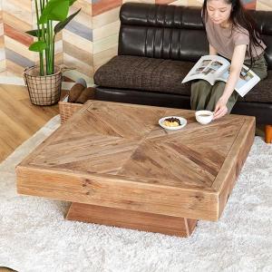 ローテーブル 幅100cm 木製 天然木 古材 正方形 ヴィンテージ調 ヘリンボーン テーブル （ センターテーブル リビングテーブル 机 パイン材 大型 ）｜interior-palette