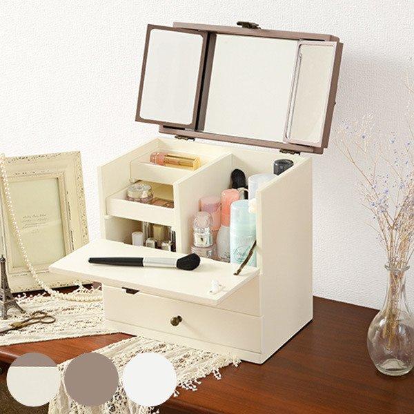 コスメボックス 三面鏡 アンティーク調 収納 大容量 ミラー 鏡 メイクボックス 化粧箱 （ ミニド...