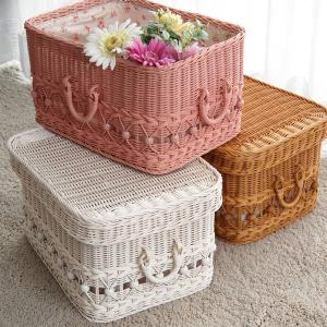 ミッフィー　ピンク　籐ラタン　大型 蓋付 バスケット3段　昭和レトロ　レア　希少 籐 フタ付バスケット スタッキング 持ち手付 fiore 幅38cm