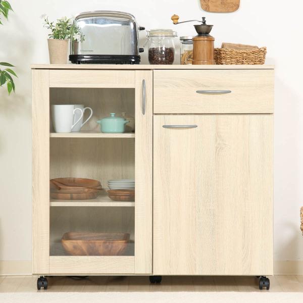 キャビネット 幅90cm キャスター付 北欧風 （ カップボード キッチン レンジ台 キッチンワゴン...