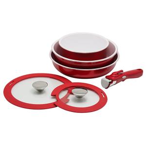 赤いノンスティック鍋セット サーモス 取っ手のとれるフライパン 9点セットAA レッド KSA-9A R ( 1