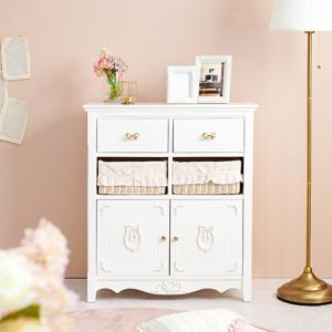 キャビネット バスケット付 姫系 白家具 リボン引手 幅78cm （ ラック 飾り棚 シェルフ 収納 棚 天然木 かご A4対応 ）