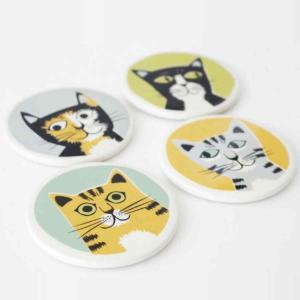 コースター Hannah Turner 4個 セット Cat Coasters Set Of 4 （ ハンナターナー コップ敷き グラスマット 茶托 茶たく 丸型 陶器 食洗機対応 猫 ねこ ）｜interior-palette