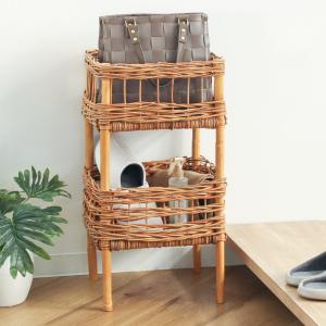 ランドリーバスケット 2段 ラタン 円形 キャスター付 籐家具 直径46cm