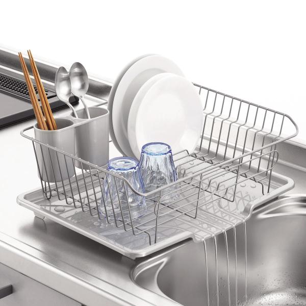 水切りラック アルデオ 水切りバスケット 水が流れるトレー タテ置き （ カトラリーポケット付き 水...