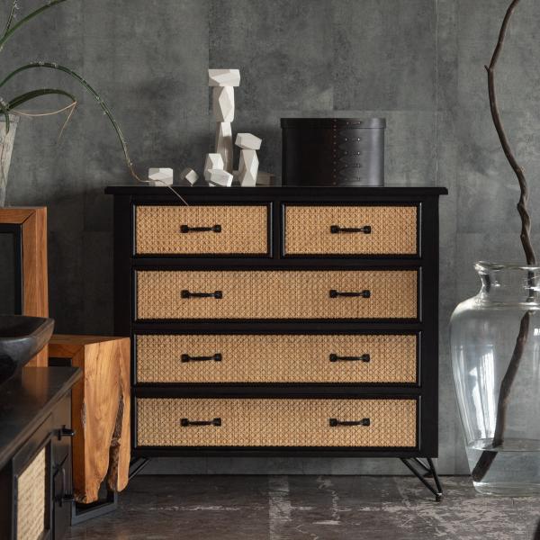 チェスト 4段5杯 エスニック調 ラタン張り 幅80cm （ 収納 引出し 家具 天然木 ラタン 籐...