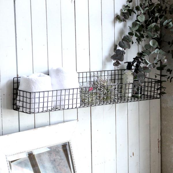 かご ジョセフアイアン ロング ワイヤーバスケット 壁掛け 幅80×奥行12×高さ14cm （ バス...