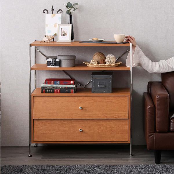 チェスト 幅84.1cm 引き出し2段 オープンラック 衣類収納 棚付き 木目調 脚付き （ 棚 ラ...
