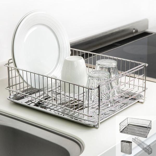 ステンレス水切りカゴ＋ポケット＋包丁置き （ 水切りラック カトラリースタンド 包丁スタンド 3点セ...