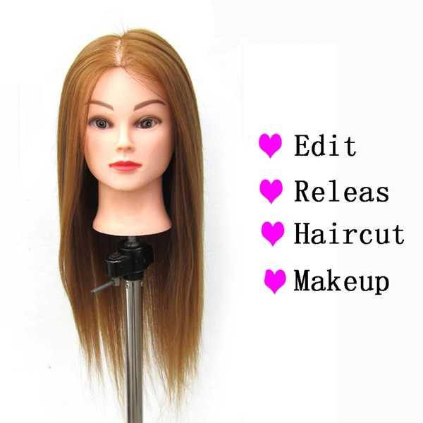 合成皮革トレーニングヘッド ストレートヘア 美容院用 マネキン人形 茶色 女性用クランプ