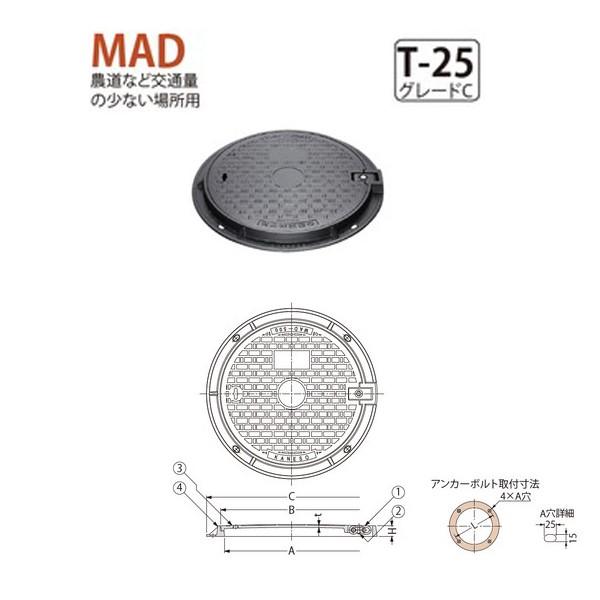 カネソウ マンホール・ハンドホール鉄蓋 一般形 180°全開蝶番式 丸枠 MAD 300 T-25 ...