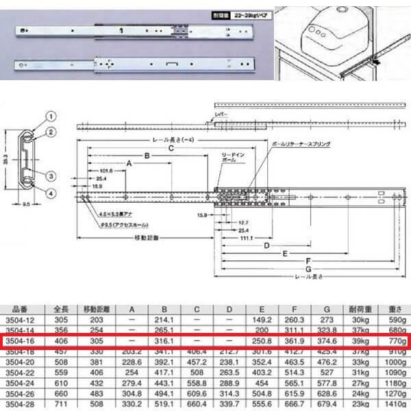 川喜金物 3504型 スライドレール（2段引） ロック機能付 406mm 3504-16 1本