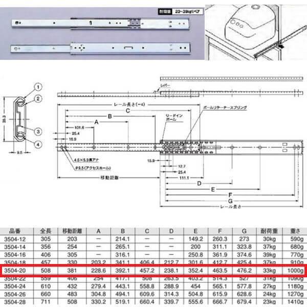 川喜金物 3504型 スライドレール（2段引） ロック機能付 508mm 3504-20 1本