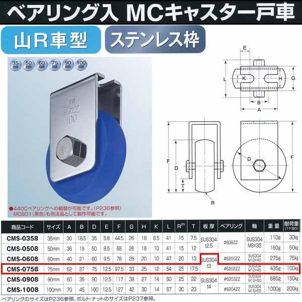 ヨコヅナ ベアリング入 MCキャスター戸車 山R型 ステンレス枠 CMS-0758 75mm 1個