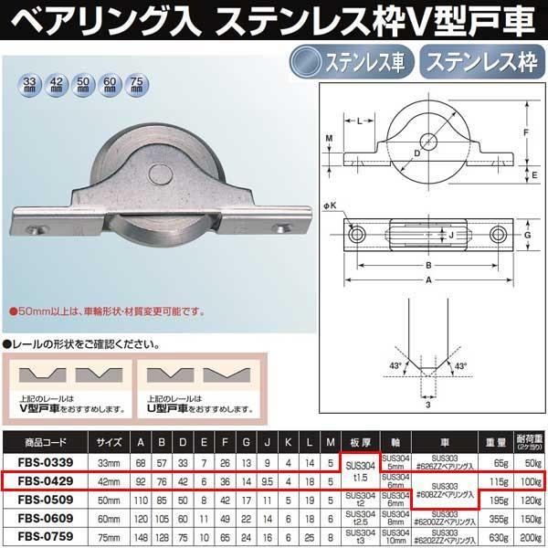 ヨコヅナ フラッターＶ型 戸車 ステン枠 ＢＲＧ入ステンレス車 42 Ｖ FBS-0429