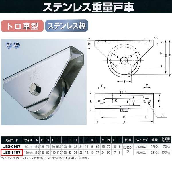 ヨコヅナ ステンレス重量戸車 トロ車型 JBS-1107 110mm 1個