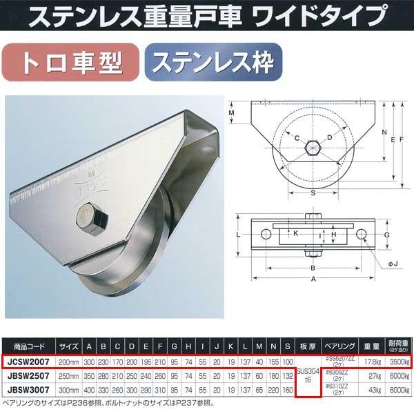ヨコヅナ ステンレス重量戸車 ワイドタイプ ステンレス枠 トロ車型 JCSW2007 200mm 1...