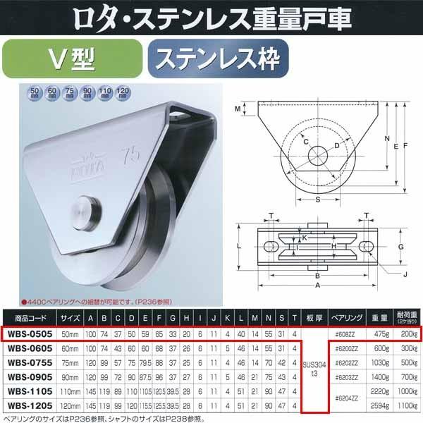 ヨコヅナ ロタ・ステンレス 重量戸車 ステンレス枠 V型 WBS-0505 50mm 1個