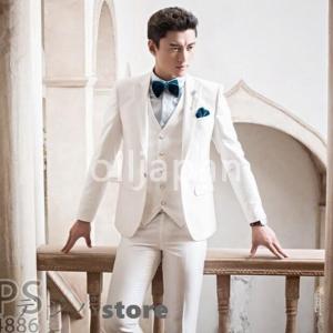 タキシード　メンズスーツセット　３点セット　フォーマル　演奏会　司会　結婚式　スリム　ホワイト　二次会