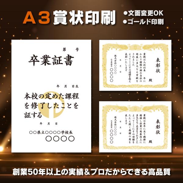 賞状 賞状用紙 10枚〜 A3 表彰状 名入れ 賞状印刷 プリント トロフィー 認定証 定年退職 還...