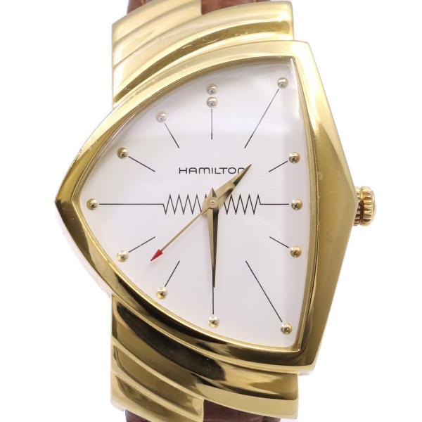 ハミルトン ベンチュラ クォーツ メンズ 腕時計 ゴールドGP 白文字盤 赤針 純正革ベルト H24...